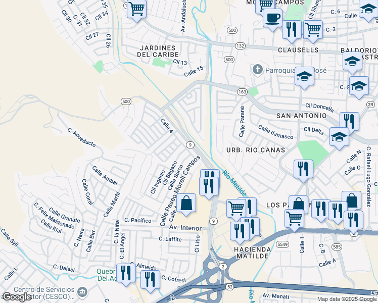 map of restaurants, bars, coffee shops, grocery stores, and more near Calle Baramaya in Ponce