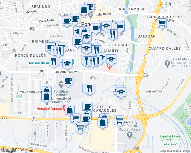 map of restaurants, bars, coffee shops, grocery stores, and more near Avenida Hostos in Ponce