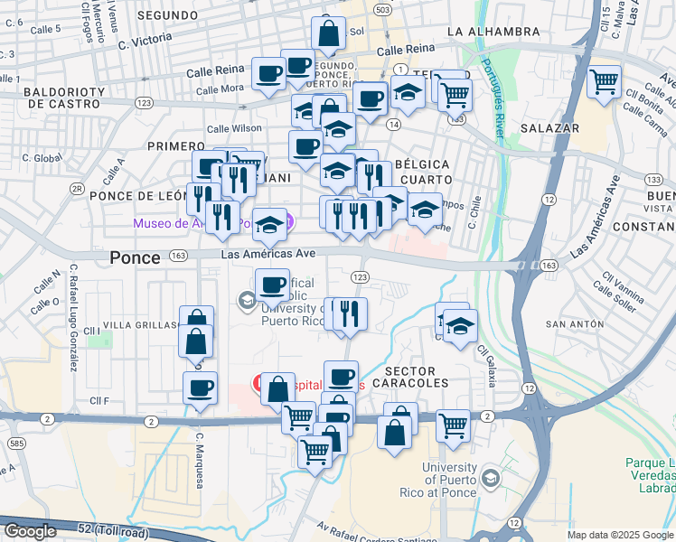 map of restaurants, bars, coffee shops, grocery stores, and more near Calle Amanda in Ponce