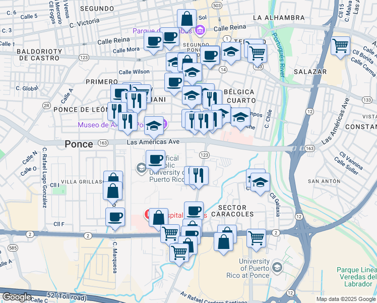map of restaurants, bars, coffee shops, grocery stores, and more near Calle Amanda in Ponce