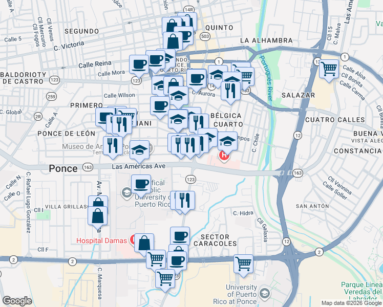 map of restaurants, bars, coffee shops, grocery stores, and more near 1267 Avenida Hostos in Ponce