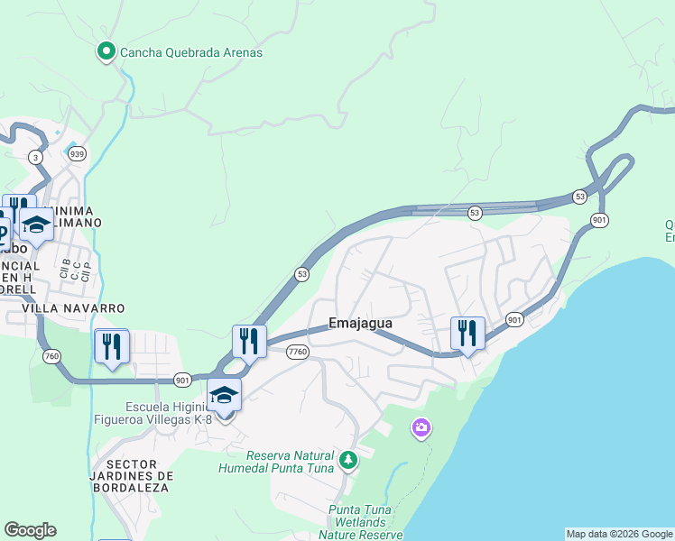 map of restaurants, bars, coffee shops, grocery stores, and more near in Emajagua