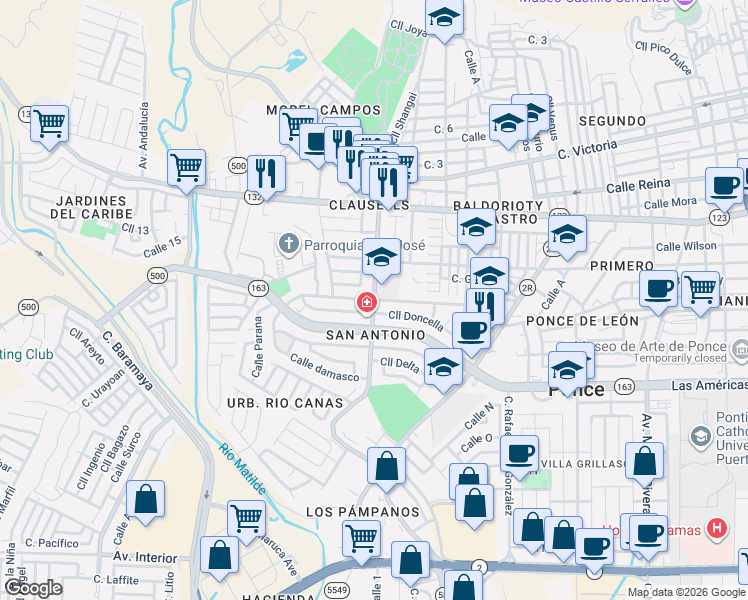 map of restaurants, bars, coffee shops, grocery stores, and more near Calle damasco in Ponce