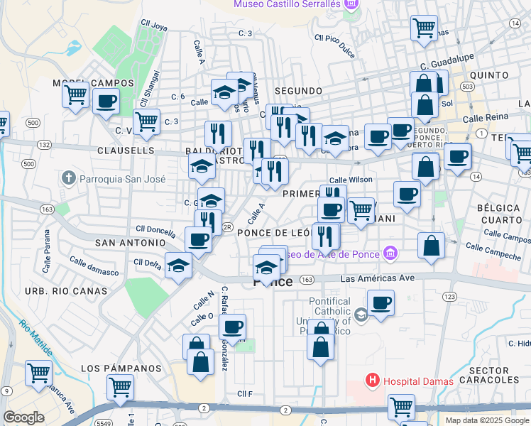 map of restaurants, bars, coffee shops, grocery stores, and more near Calle C in Ponce