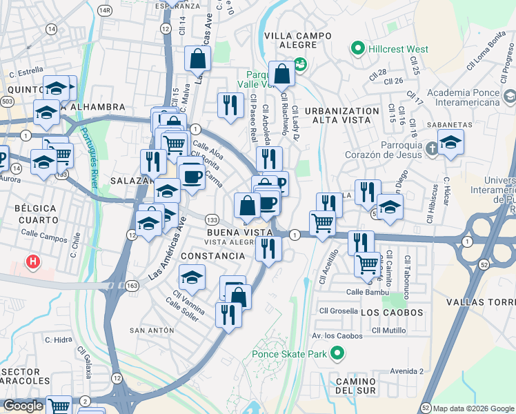 map of restaurants, bars, coffee shops, grocery stores, and more near Calle Sucre in Ponce