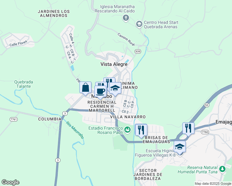 map of restaurants, bars, coffee shops, grocery stores, and more near Avenue Calimano in Maunabo