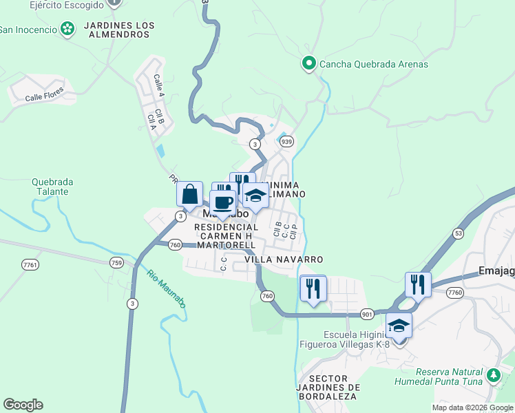 map of restaurants, bars, coffee shops, grocery stores, and more near Avenue Calimano in Maunabo