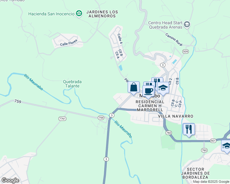 map of restaurants, bars, coffee shops, grocery stores, and more near Puerto Rico 53 in Maunabo