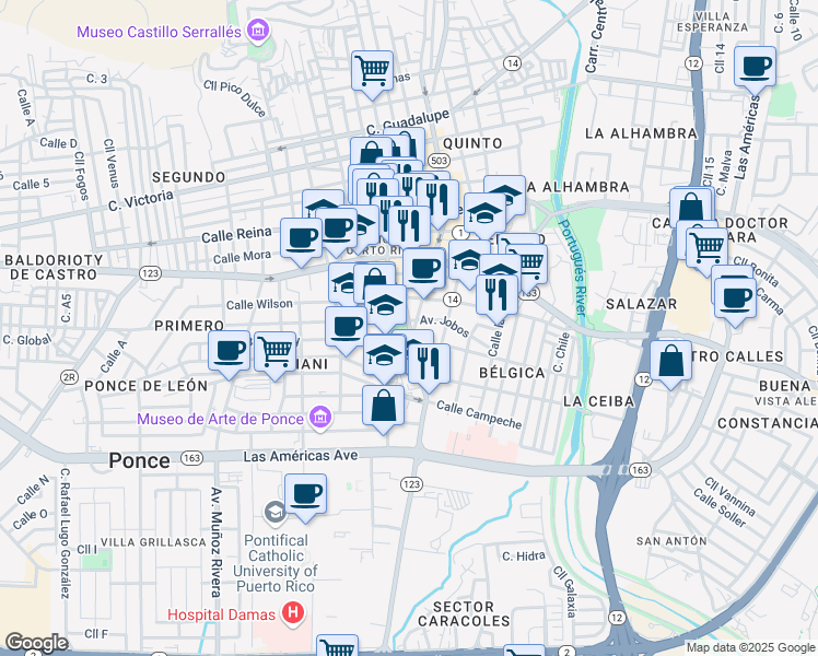 map of restaurants, bars, coffee shops, grocery stores, and more near Calle Marina in Ponce