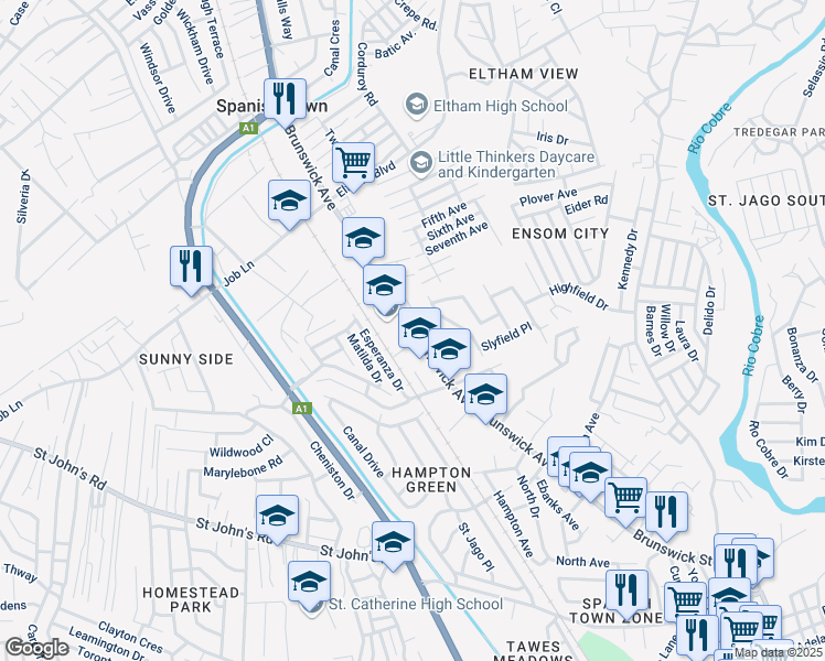 map of restaurants, bars, coffee shops, grocery stores, and more near Brunswick Avenue in Spanish Town
