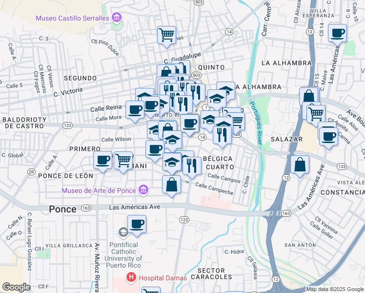 map of restaurants, bars, coffee shops, grocery stores, and more near Calle Marina in Ponce