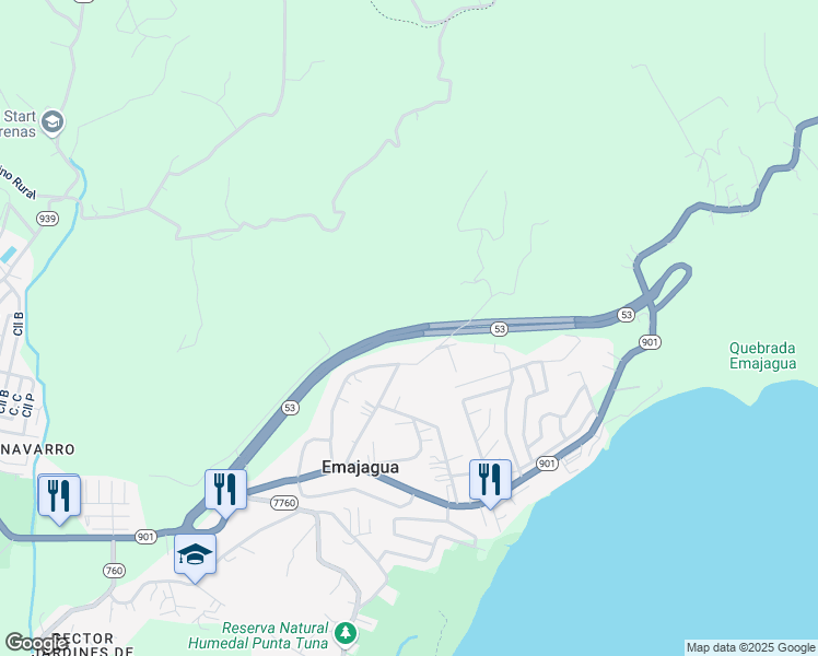 map of restaurants, bars, coffee shops, grocery stores, and more near Puerto Rico 53 in Maunabo