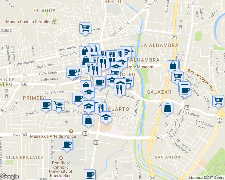 map of restaurants, bars, coffee shops, grocery stores, and more near 50 Calle Aurora in Ponce