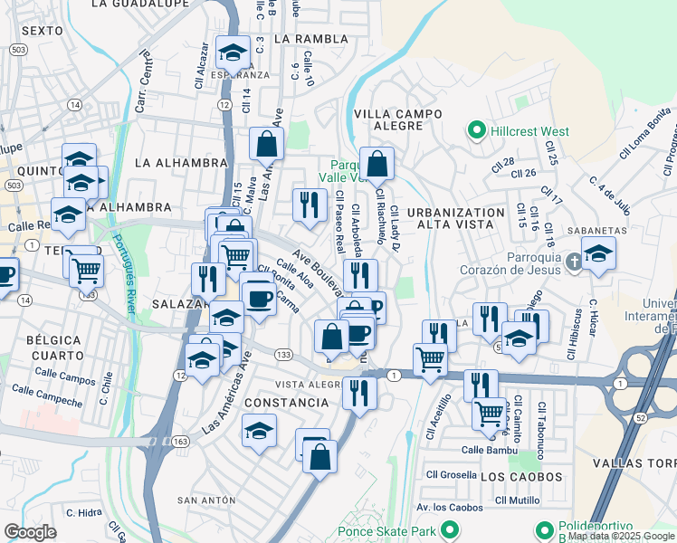 map of restaurants, bars, coffee shops, grocery stores, and more near Calle 5 in Ponce