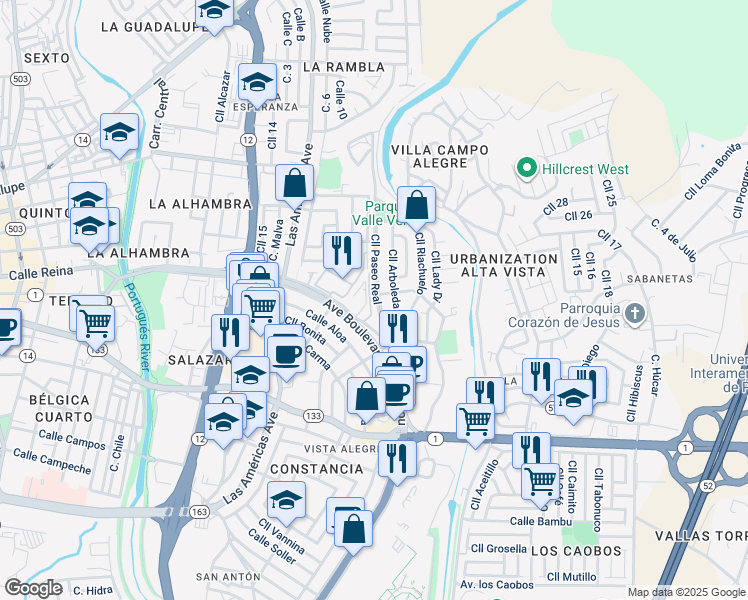 map of restaurants, bars, coffee shops, grocery stores, and more near Calle Paseo Real in Ponce