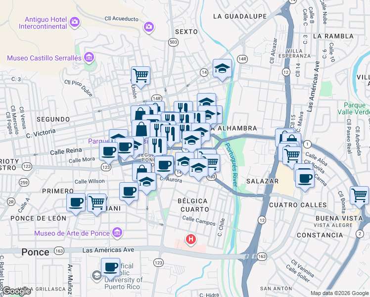 map of restaurants, bars, coffee shops, grocery stores, and more near Calle Salud in Ponce