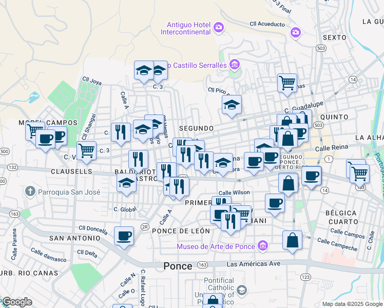 map of restaurants, bars, coffee shops, grocery stores, and more near 20 Calle Villa Madrid in Ponce