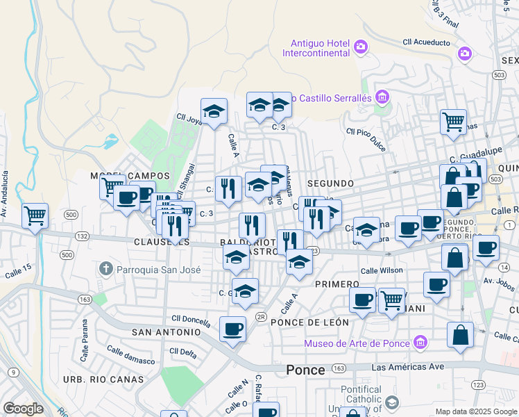map of restaurants, bars, coffee shops, grocery stores, and more near 342 Calle Victoria in Ponce