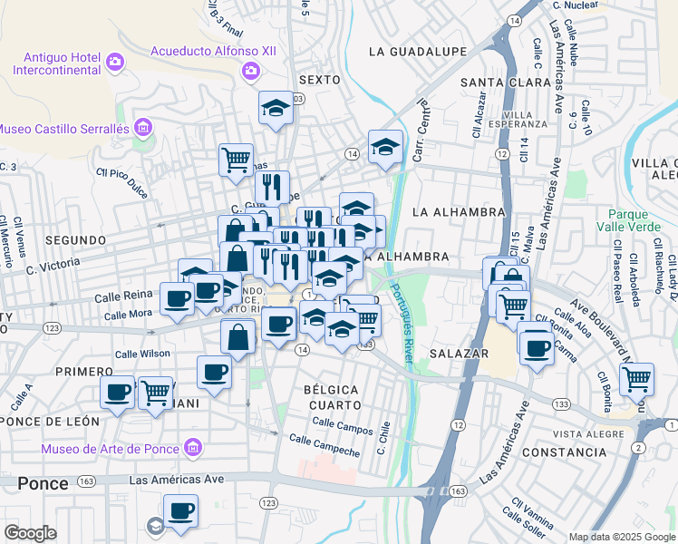 map of restaurants, bars, coffee shops, grocery stores, and more near 15 Calle Sol in Ponce