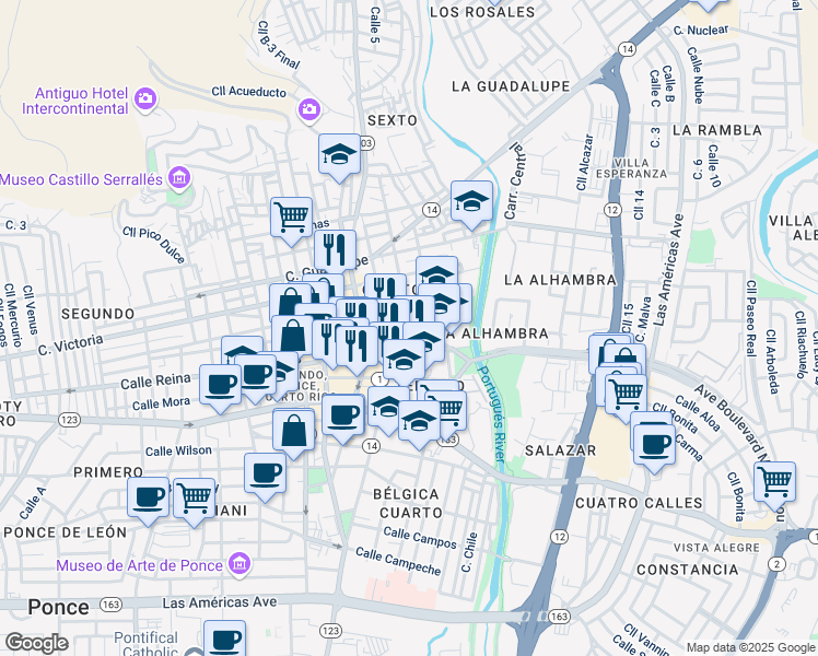map of restaurants, bars, coffee shops, grocery stores, and more near 15-27 Calle Sol in Ponce