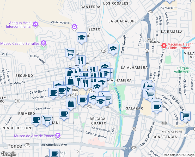 map of restaurants, bars, coffee shops, grocery stores, and more near 15-27 Calle Sol in Ponce