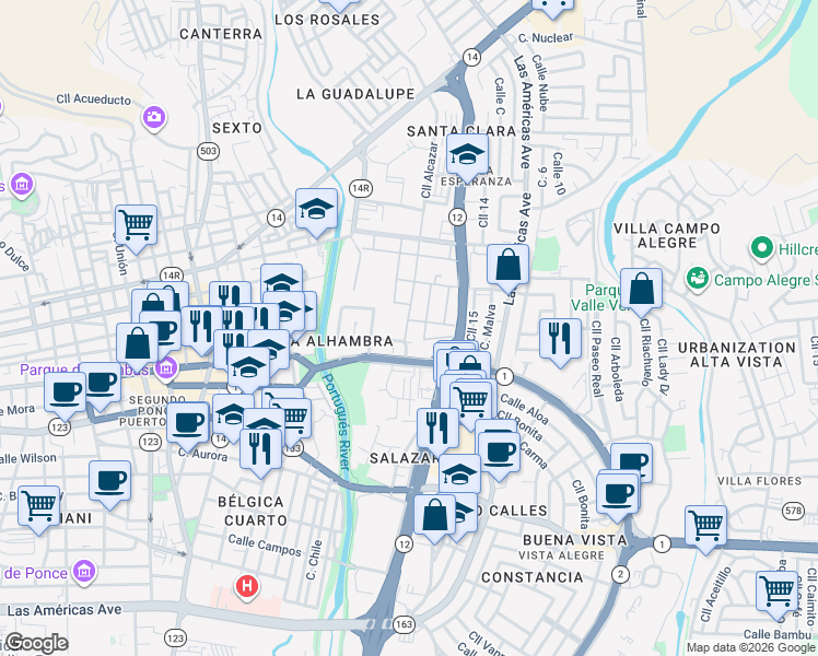map of restaurants, bars, coffee shops, grocery stores, and more near Calle Jose M Escriba in Ponce