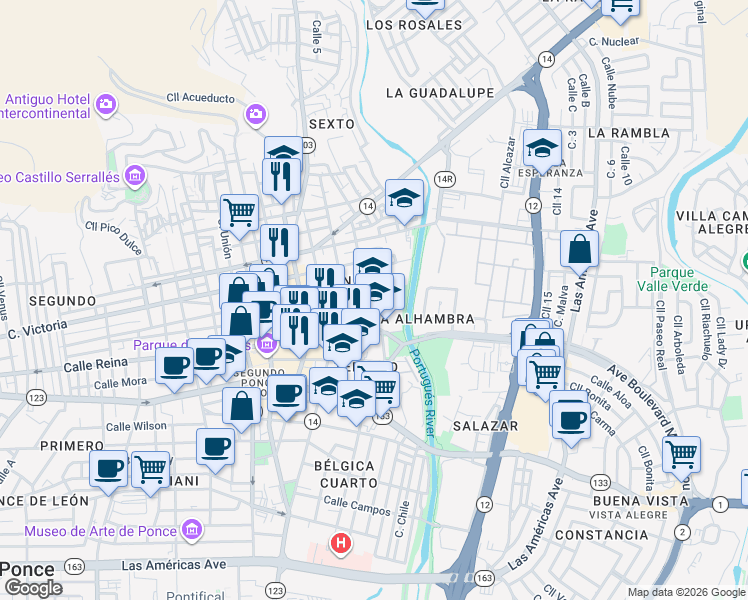 map of restaurants, bars, coffee shops, grocery stores, and more near 31 Calle Lolita Tizol in Ponce