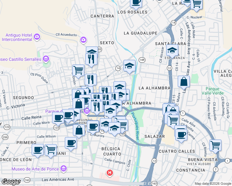 map of restaurants, bars, coffee shops, grocery stores, and more near 21-31 Calle Lolita Tizol in Ponce