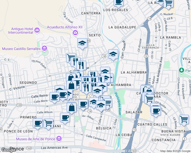 map of restaurants, bars, coffee shops, grocery stores, and more near 34 Calle Castillo in Ponce
