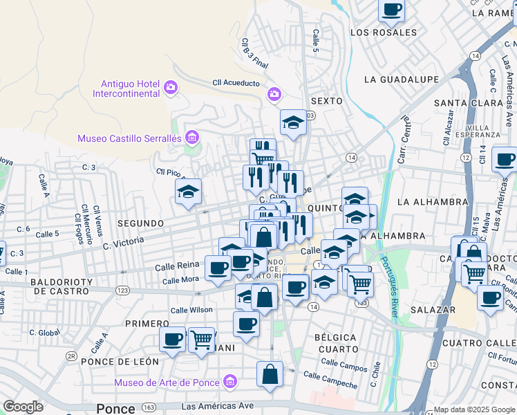 map of restaurants, bars, coffee shops, grocery stores, and more near Calle Unión in Ponce