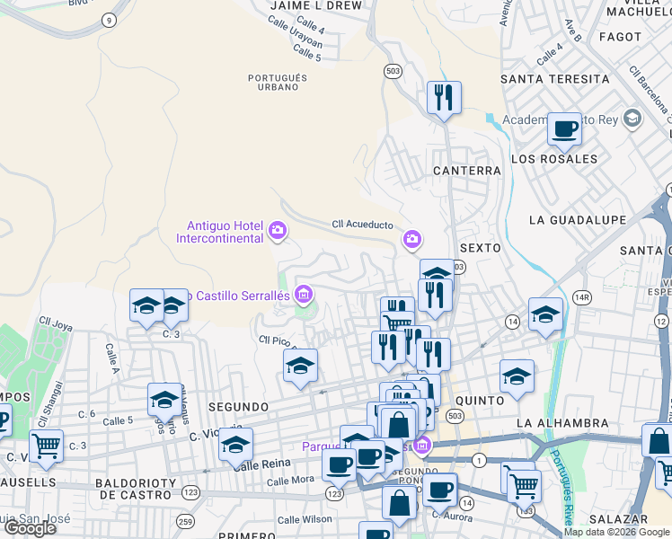 map of restaurants, bars, coffee shops, grocery stores, and more near 29 Paseo De La Cruceta in Ponce