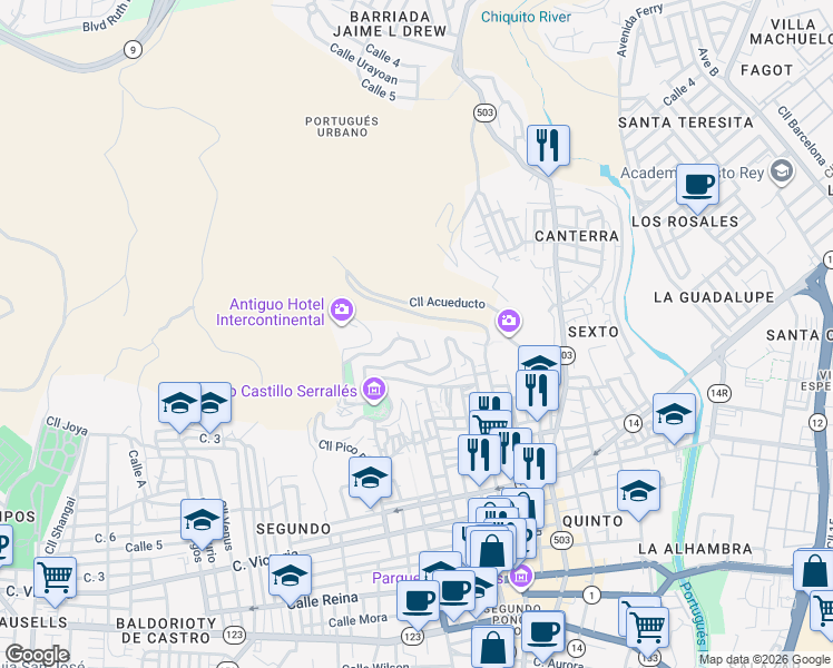map of restaurants, bars, coffee shops, grocery stores, and more near 23-29 Pso De La Cruceta in Ponce
