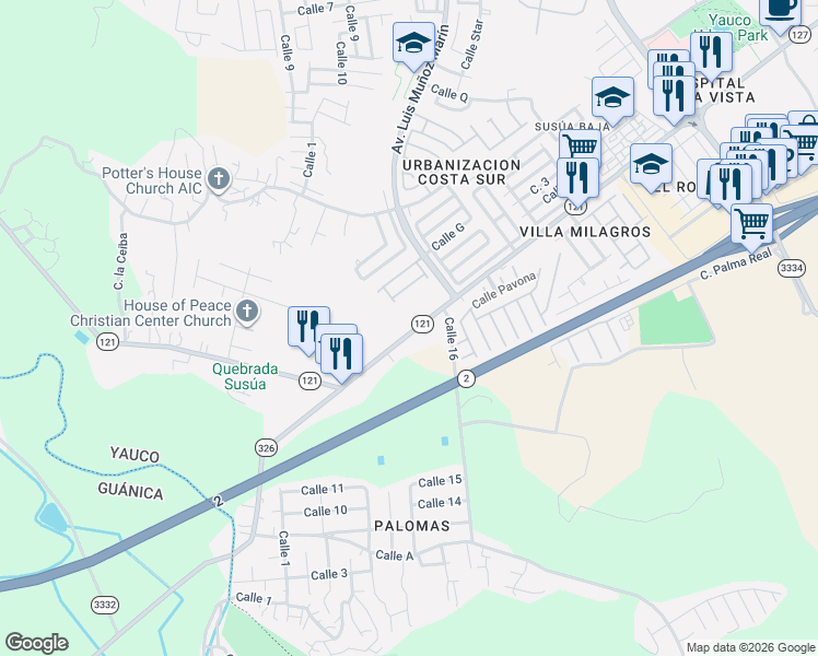 map of restaurants, bars, coffee shops, grocery stores, and more near Puerto Rico 121 in Yauco