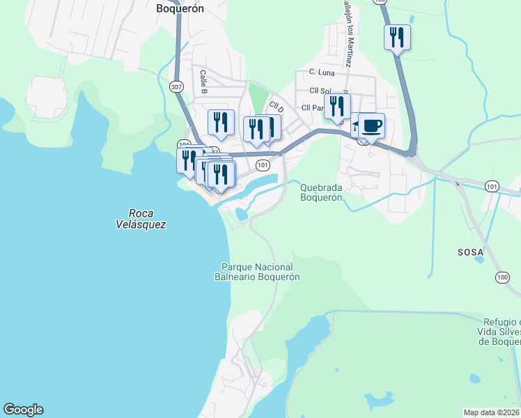 map of restaurants, bars, coffee shops, grocery stores, and more near 101 Highway 101 in Cabo Rojo