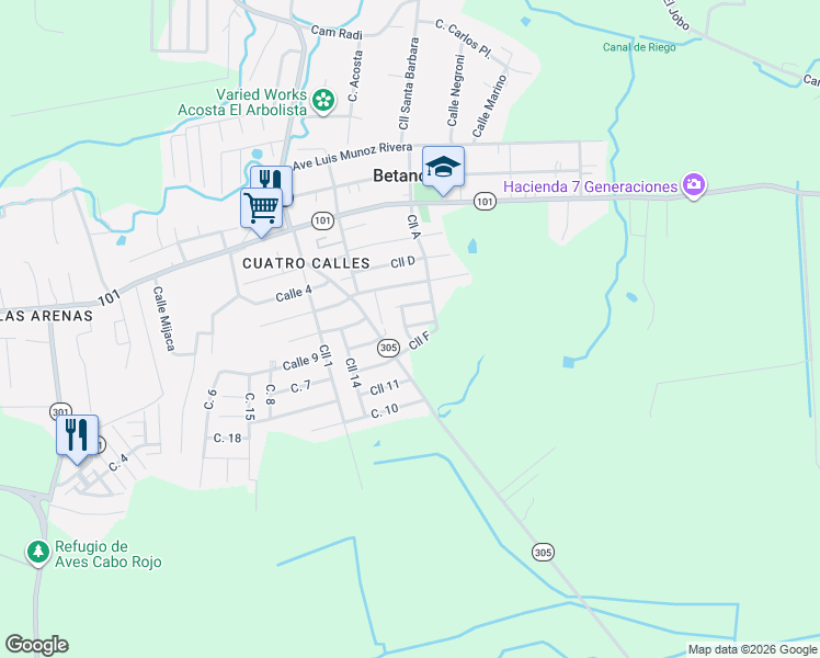 map of restaurants, bars, coffee shops, grocery stores, and more near Calle F in Cabo Rojo