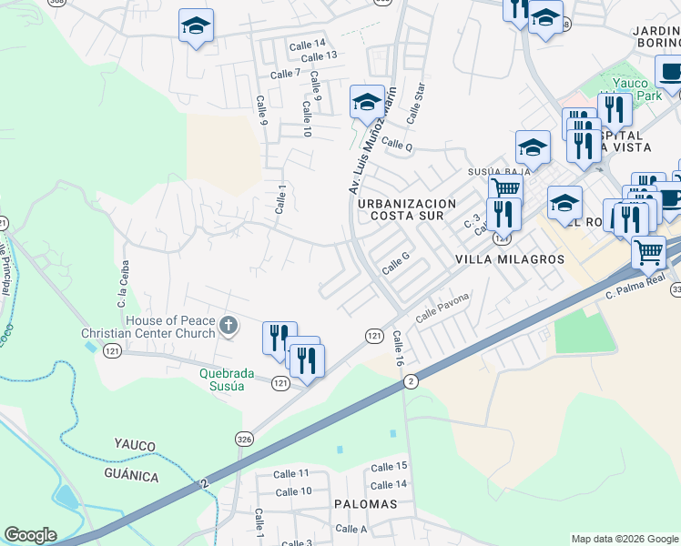 map of restaurants, bars, coffee shops, grocery stores, and more near Calle C in Susúa Baja