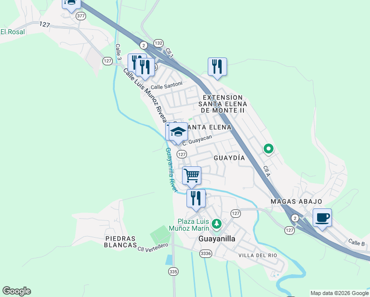 map of restaurants, bars, coffee shops, grocery stores, and more near 109-115 Calle Luis Munoz Rivera in Guayanilla