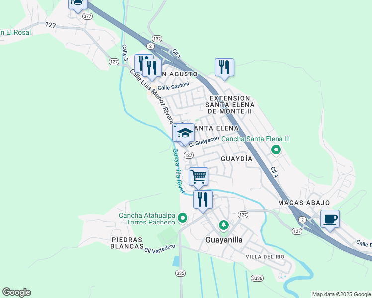 map of restaurants, bars, coffee shops, grocery stores, and more near 129 Calle Luis Munoz Rivera in Guayanilla