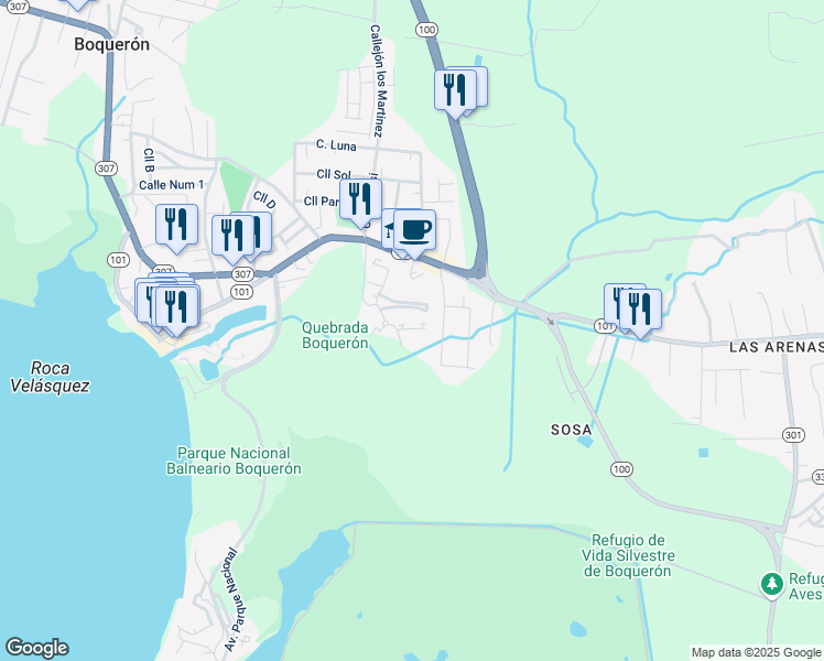 map of restaurants, bars, coffee shops, grocery stores, and more near Puerto Rico 101 in Boquerón