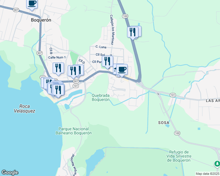 map of restaurants, bars, coffee shops, grocery stores, and more near Puerto Rico 101 in Boquerón