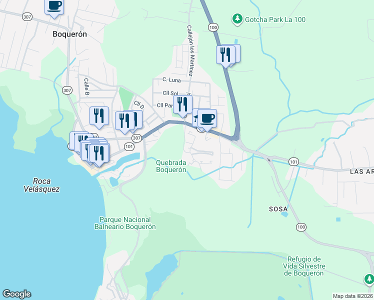 map of restaurants, bars, coffee shops, grocery stores, and more near Puerto Rico 101 in Boquerón