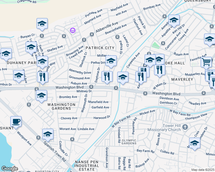 map of restaurants, bars, coffee shops, grocery stores, and more near Patrick Drive in Kingston