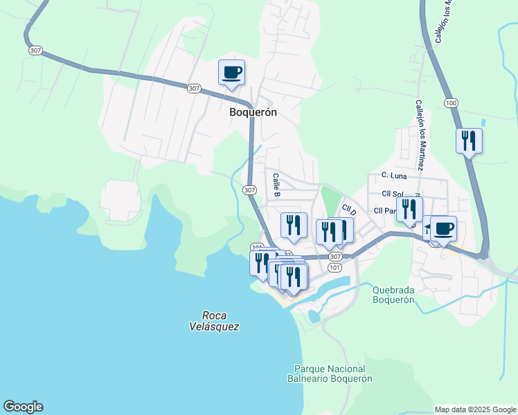 map of restaurants, bars, coffee shops, grocery stores, and more near Calle El Retiro in Cabo Rojo
