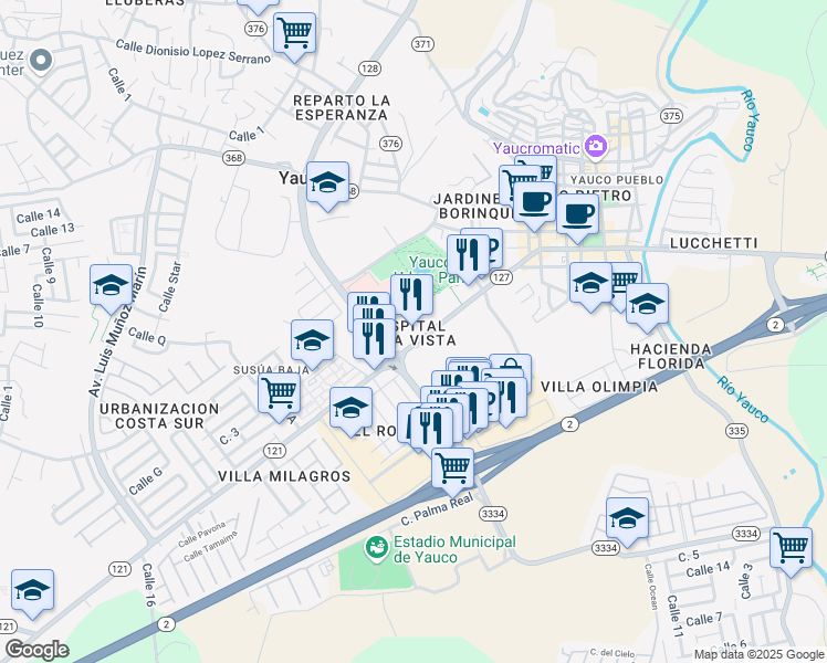 map of restaurants, bars, coffee shops, grocery stores, and more near Calle 25 de Julio in Yauco