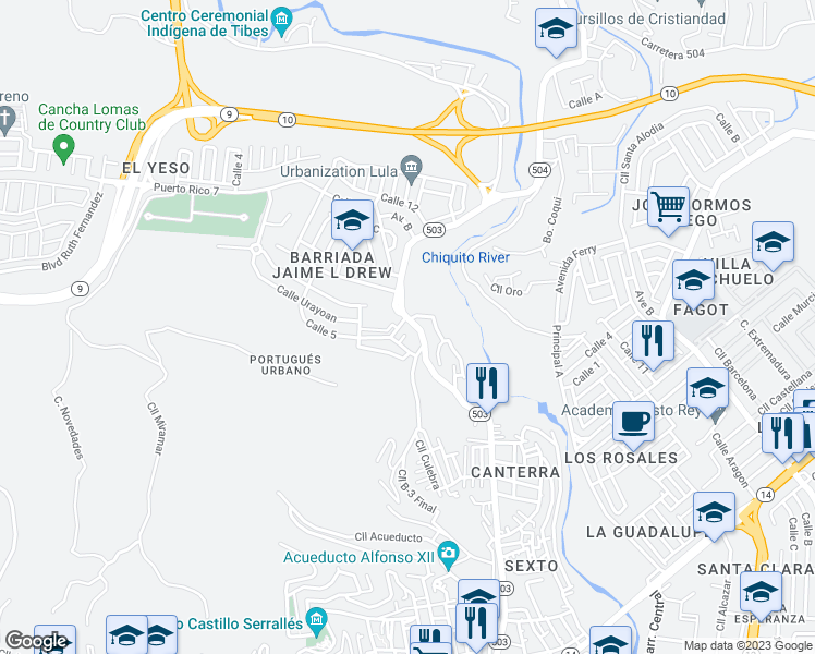 map of restaurants, bars, coffee shops, grocery stores, and more near #502 Extension El Yeso in Ponce