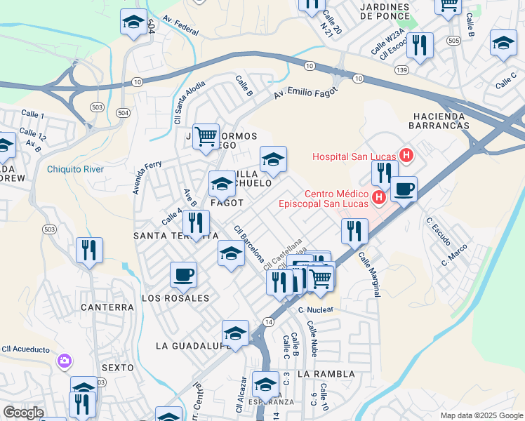 map of restaurants, bars, coffee shops, grocery stores, and more near 383-537 Calle Covadonga in Ponce