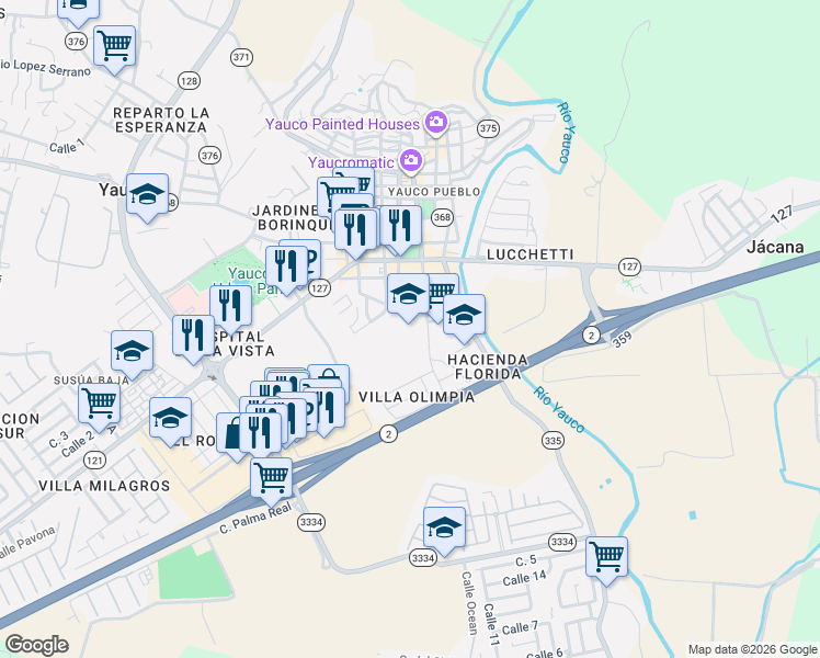 map of restaurants, bars, coffee shops, grocery stores, and more near Calle Barbosa in Yauco