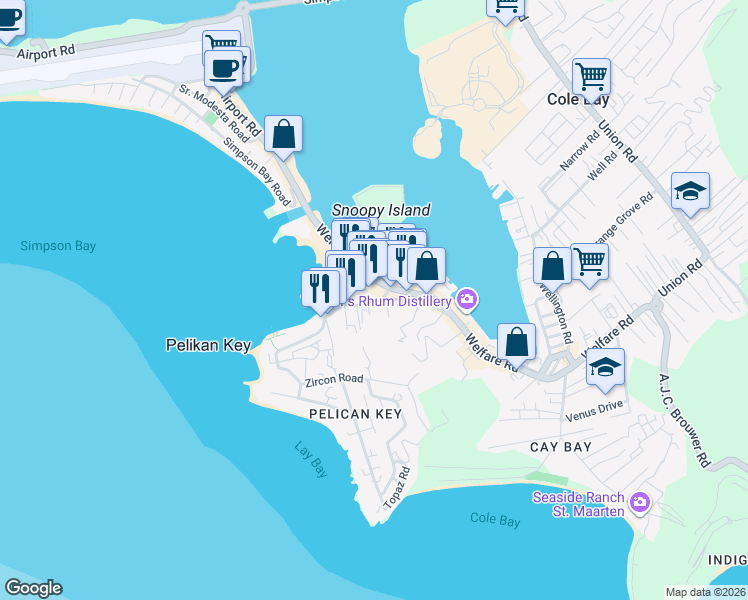 map of restaurants, bars, coffee shops, grocery stores, and more near 3d Billy Folly Road in Simpson Bay