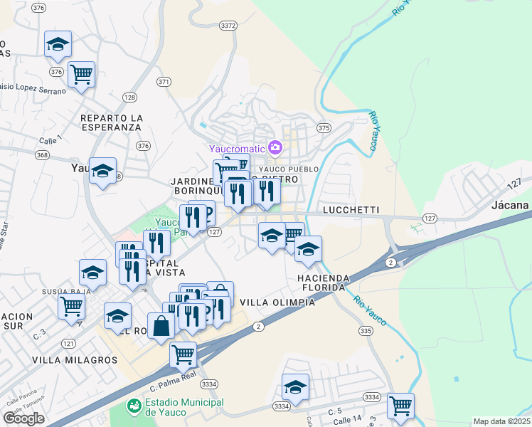 map of restaurants, bars, coffee shops, grocery stores, and more near Calle 25 de Julio in Yauco