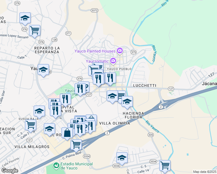 map of restaurants, bars, coffee shops, grocery stores, and more near State 127 in Yauco
